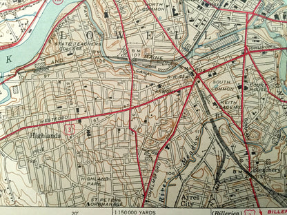 Antique Lowell, Massachusetts 1941 US Geological Survey Topographic Map – Middlesex County, Dracut, Chelmsford, Tewksbury Merrimack UMass MA