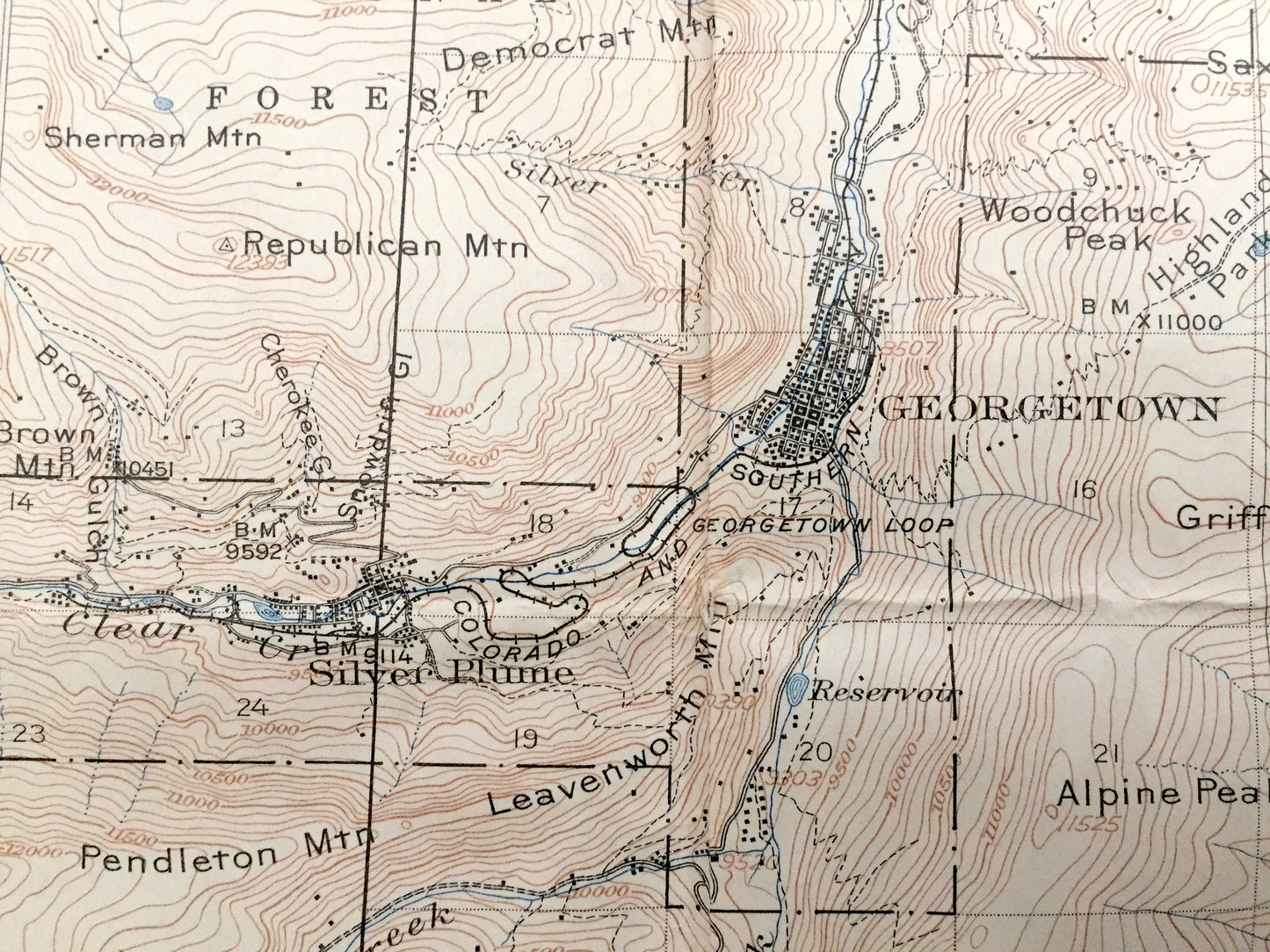 Antique Georgetown, Colorado 1905 US Geological Survey Topographic Map – Silver Plume Idaho Springs Freeland Arapaho Pike National Forest CO