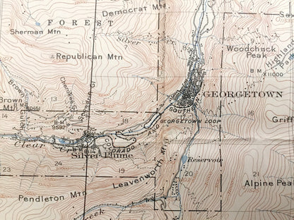 Antique Georgetown, Colorado 1905 US Geological Survey Topographic Map – Silver Plume Idaho Springs Freeland Arapaho Pike National Forest CO