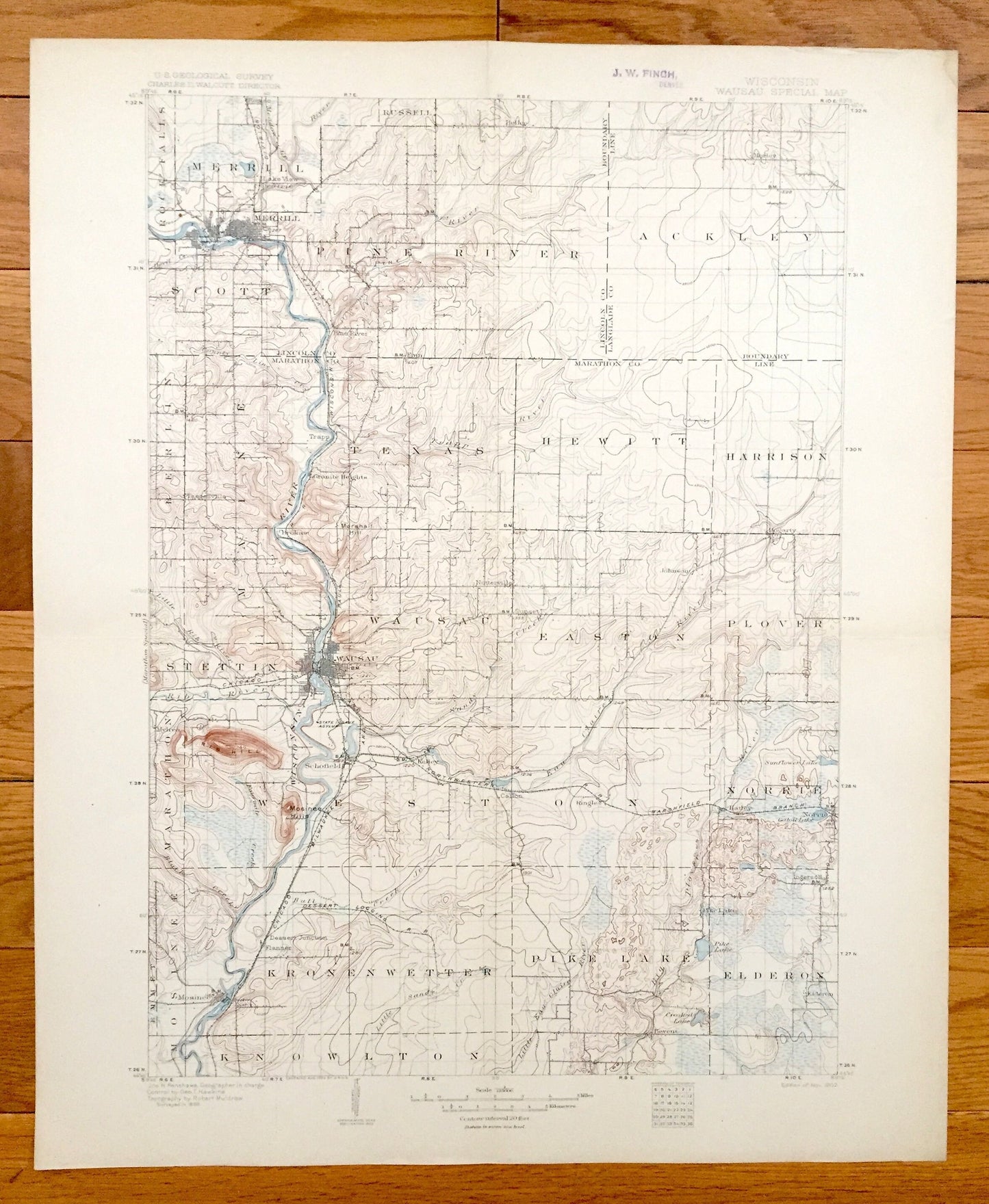 Antique Wausau, Wisconsin 1902 US Geological Survey Topographic Map – Lincoln, Langlade and Marathon County, Merrill, Pike Lake, Ackley