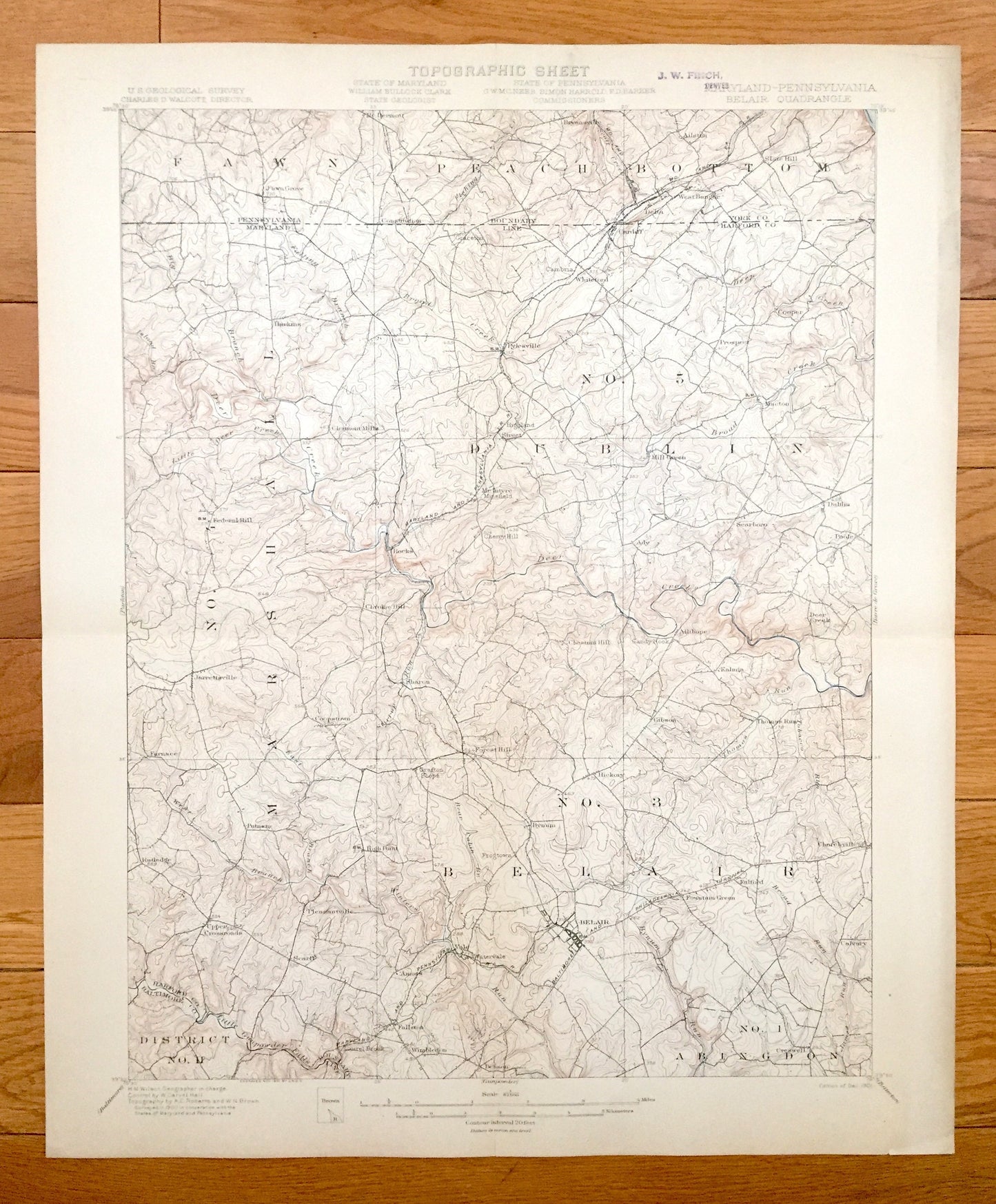 Antique Bel Air, Maryland & Pennsylvania 1901 US Geological Survey Topographic Map– Harford County, Abingdon, Marshall, Dublin, Peach Bottom