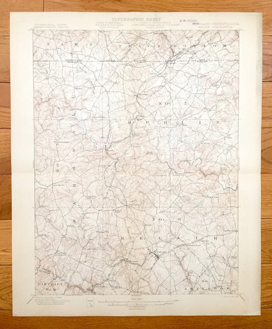 Antique Bel Air, Maryland & Pennsylvania 1901 US Geological Survey Topographic Map– Harford County, Abingdon, Marshall, Dublin, Peach Bottom