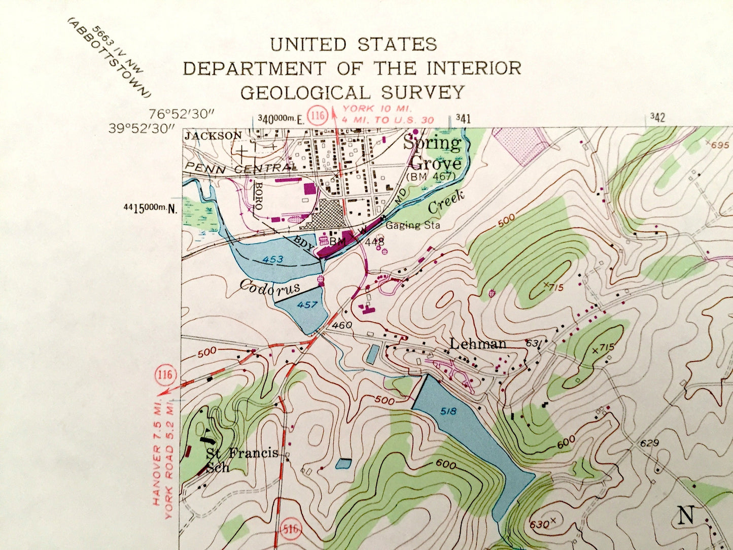 Antique Seven Valleys, Pennsylvania 1953 US Geological Survey Topographic Map – York County, Codorus, North Codorus, Manheim, Springfield