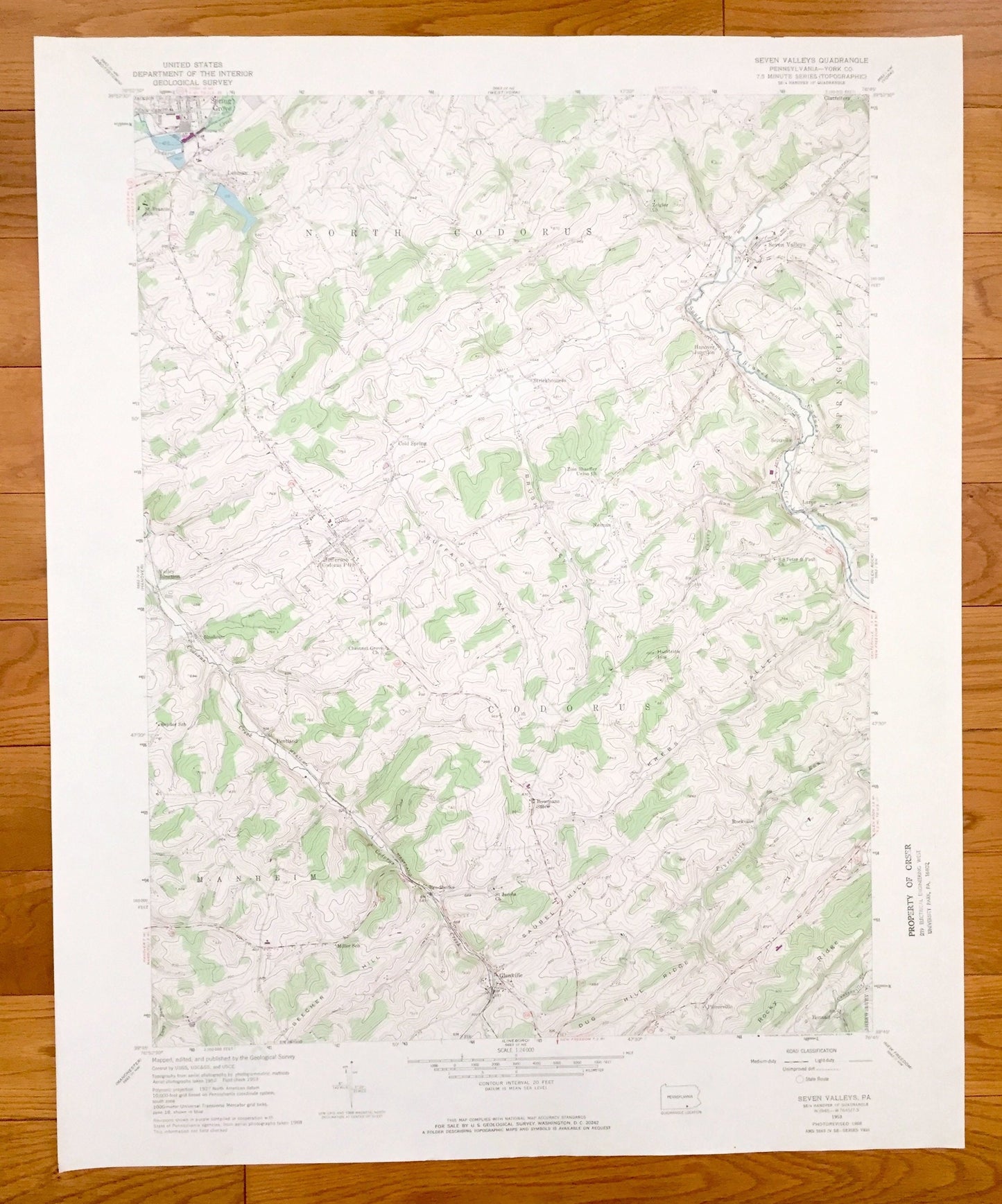 Antique Seven Valleys, Pennsylvania 1953 US Geological Survey Topographic Map – York County, Codorus, North Codorus, Manheim, Springfield