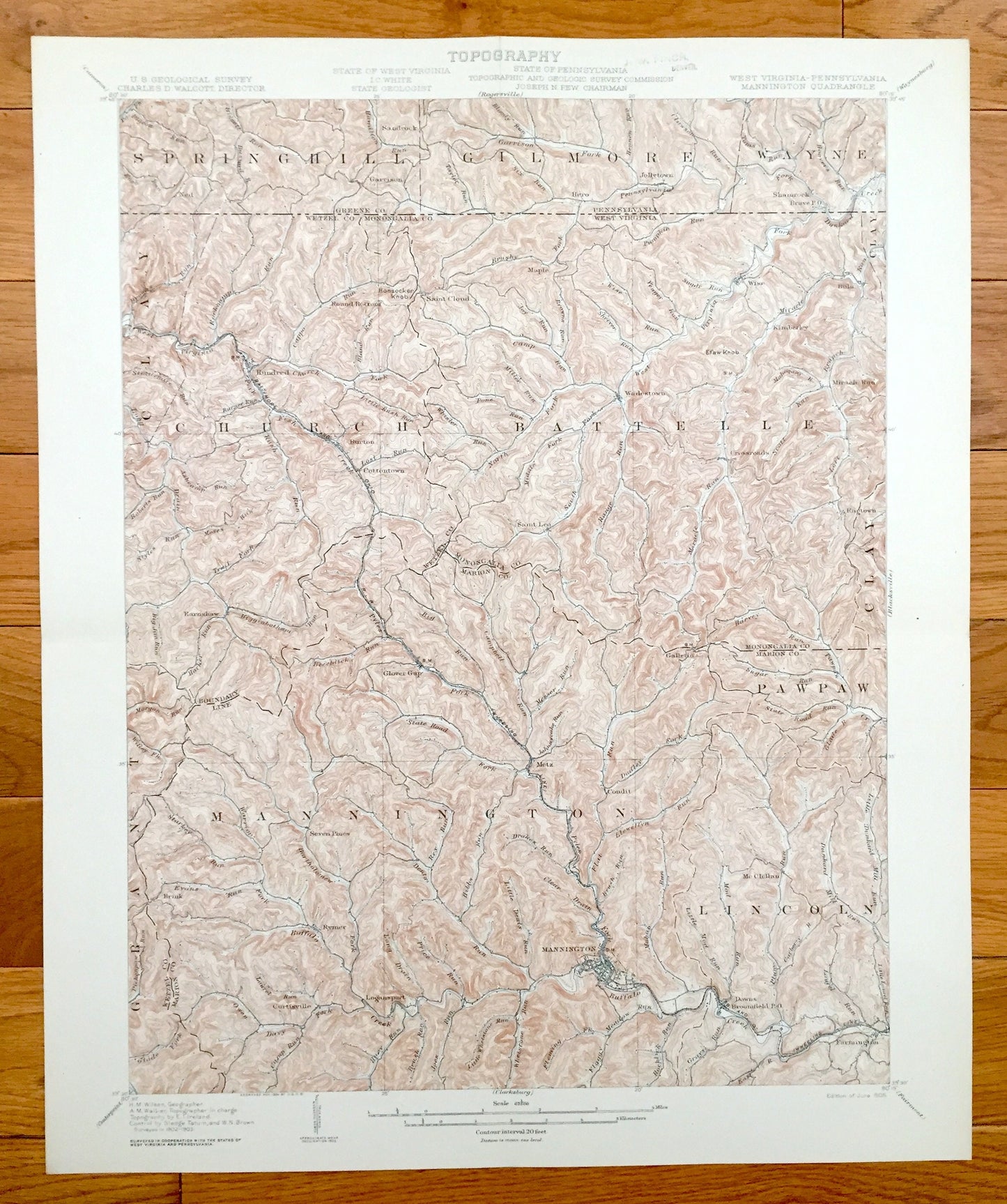 Antique Mannington, West Virginia 1905 US Geological Survey Topographic Map – Marion County, Clay, Springhill, Gilmore, Battelle, Cottontown