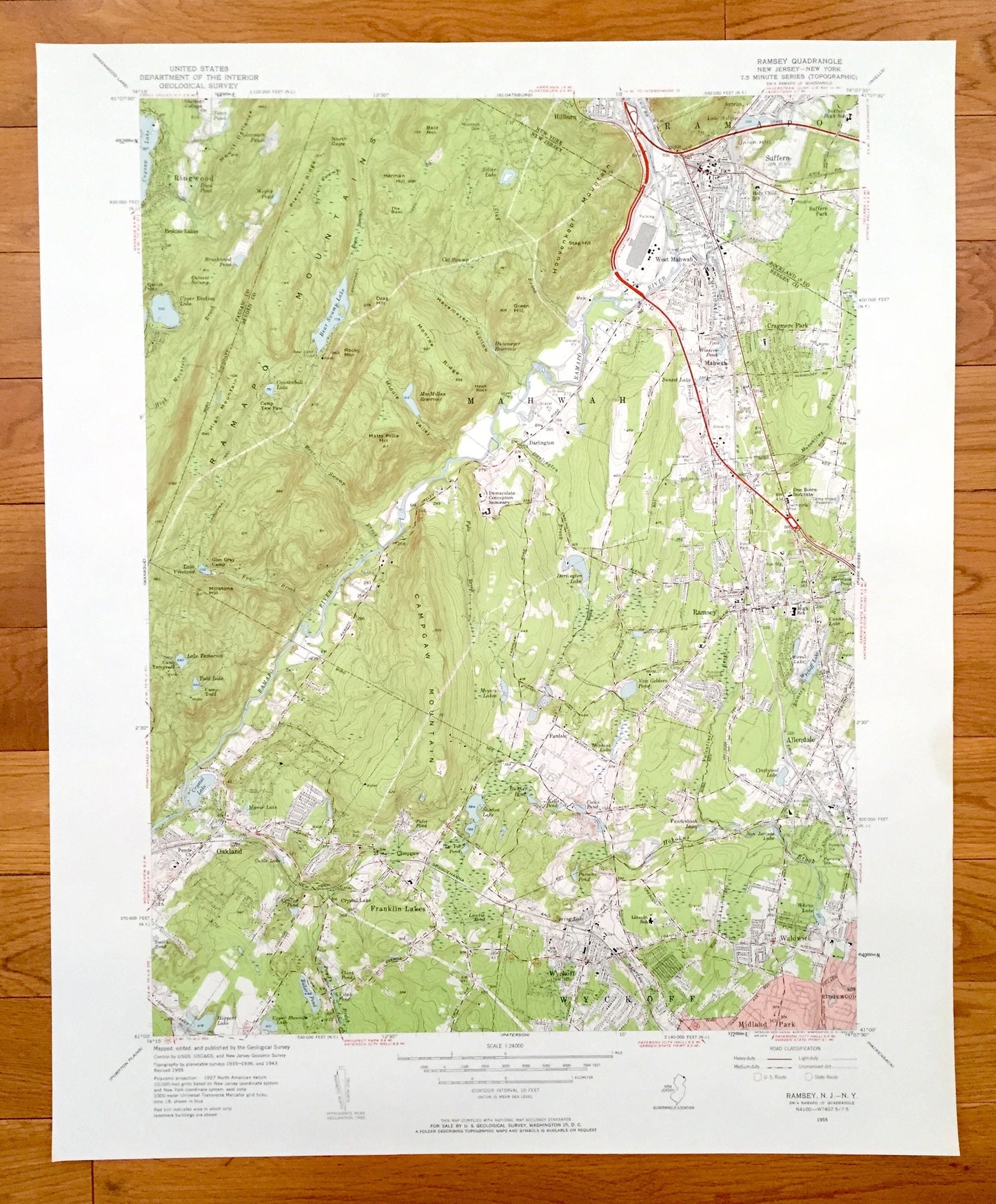 Antique Ramsey, New Jersey 1955 US Geological Survey Topographic Map – Bergen, Passaic, Rockland County, Mahwah, Ramapo, New York NJ NY
