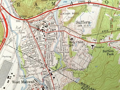 Antique Ramsey, New Jersey 1955 US Geological Survey Topographic Map – Bergen, Passaic, Rockland County, Mahwah, Ramapo, New York NJ NY