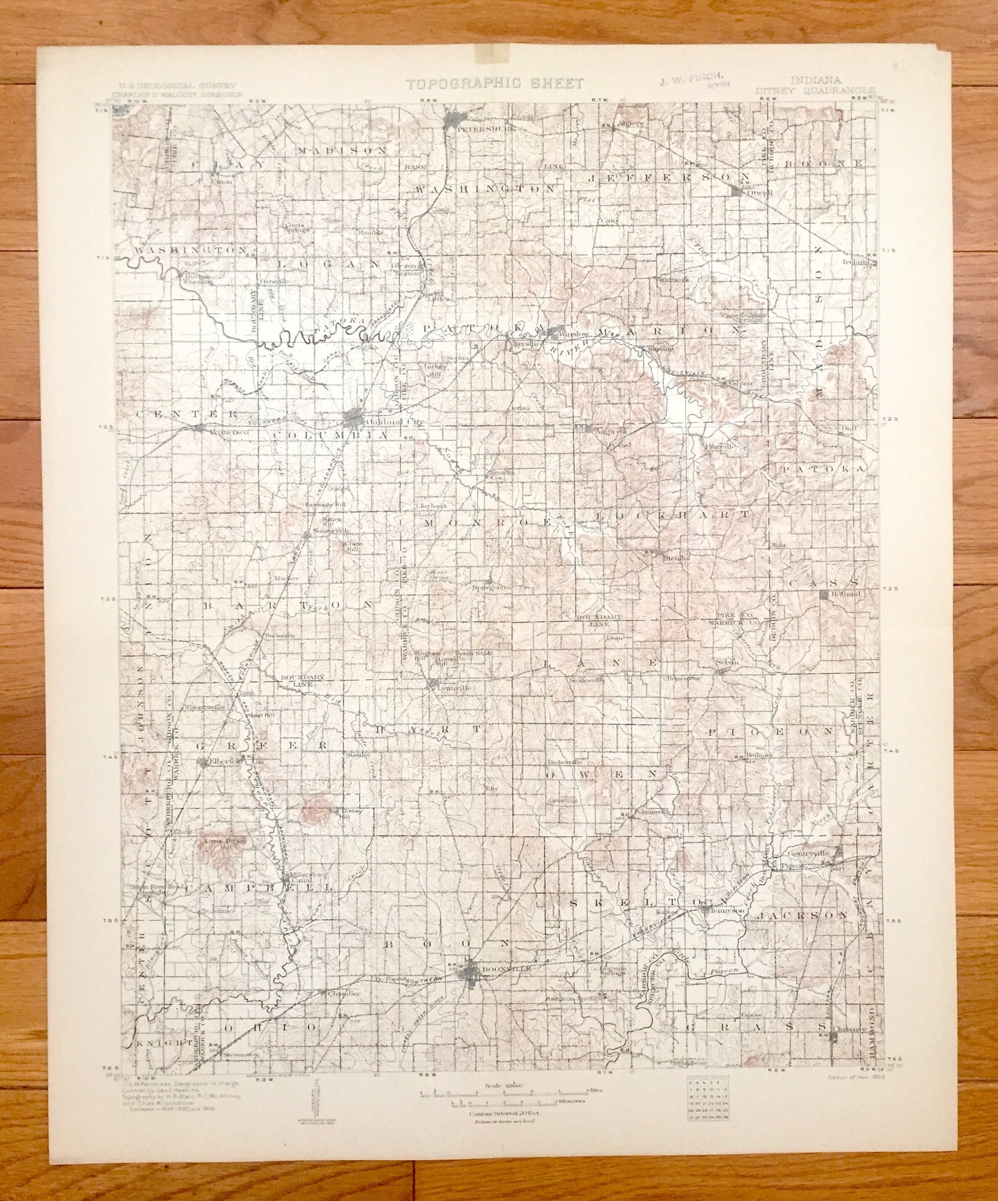 Antique Ditney, Indiana 1902 US Geological Survey Topographic Map – Gibson, Pike, Vanderburg, Dubois, Warrick, Spencer County, Lynnville, IN