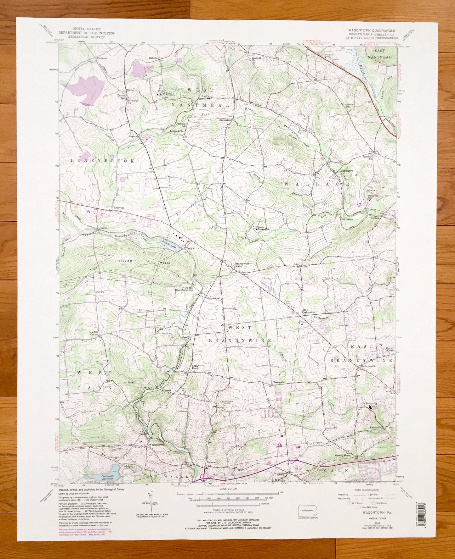 Antique Wagontown, Pennsylvania 1956 US Geological Survey Topographic Map – Chester County, Honeybrook, Wallace, Caln, West Caln, Valley, PA