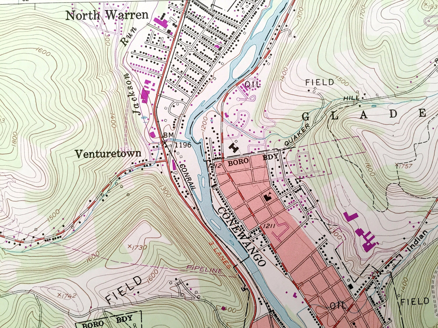 Antique Warren, Pennsylvania 1954 US Geological Survey Topographic Map – Warren County, Conewango, Pleasant, Watson, Mead, Glade, Starbrick