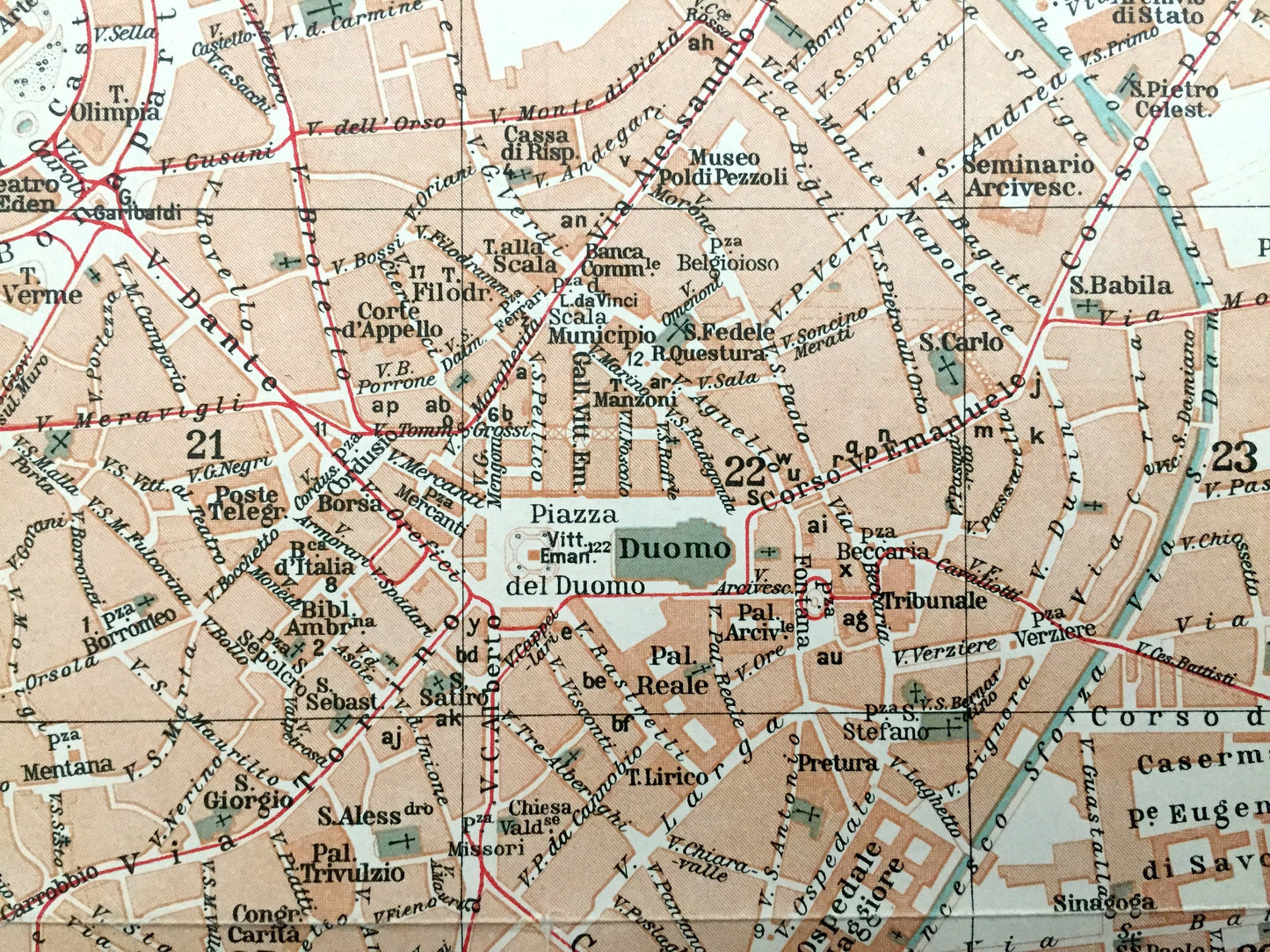 Antique 1937 Milan, Italy Map from Muirhead's Blue Guides & Baedekers – Milano, Lombardy, Castello Sforzesca, Moda, Borgogna, Brera