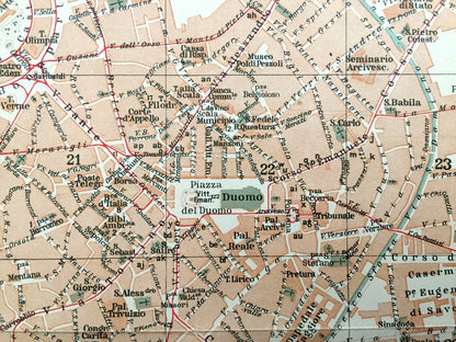 Antique 1937 Milan, Italy Map from Muirhead's Blue Guides & Baedekers – Milano, Lombardy, Castello Sforzesca, Moda, Borgogna, Brera