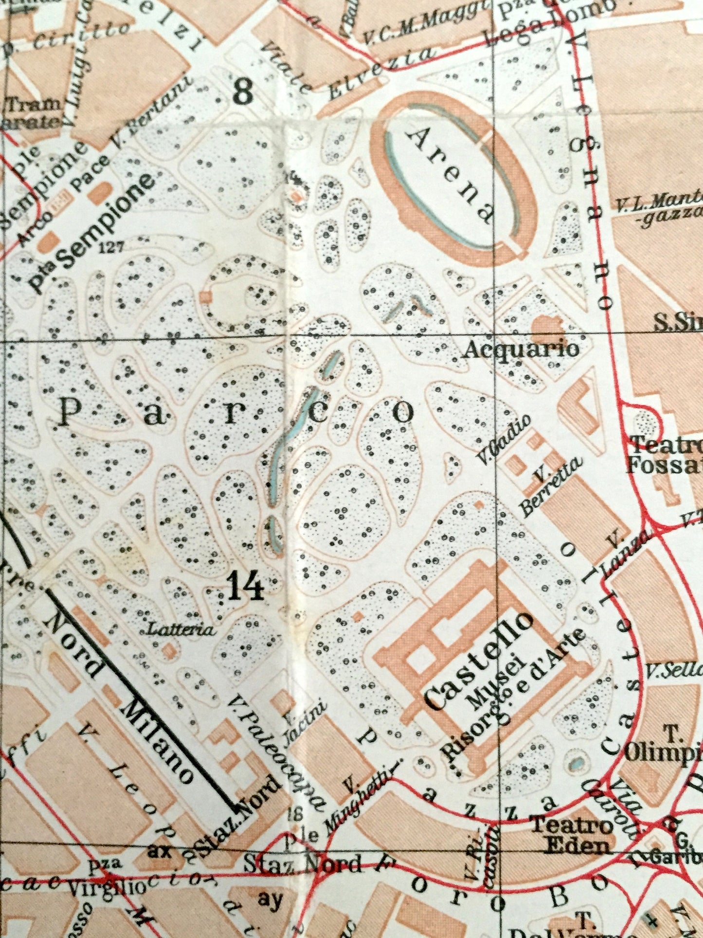 Antique 1937 Milan, Italy Map from Muirhead's Blue Guides & Baedekers – Milano, Lombardy, Castello Sforzesca, Moda, Borgogna, Brera