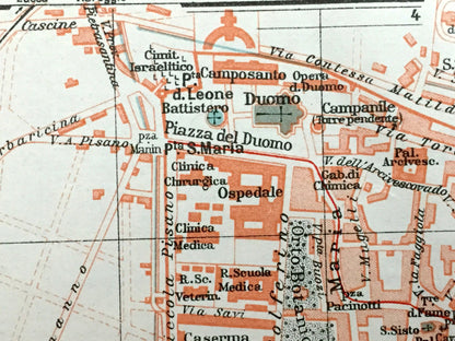 Antique 1937 Pisa, Italy Map from Muirhead's Blue Guides & Baedekers – Tuscany, Leaning Tower, Piazza dei Miracoli, Barbaricina, Santa Maria