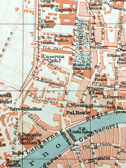 Antique 1937 Pisa, Italy Map from Muirhead's Blue Guides & Baedekers – Tuscany, Leaning Tower, Piazza dei Miracoli, Barbaricina, Santa Maria