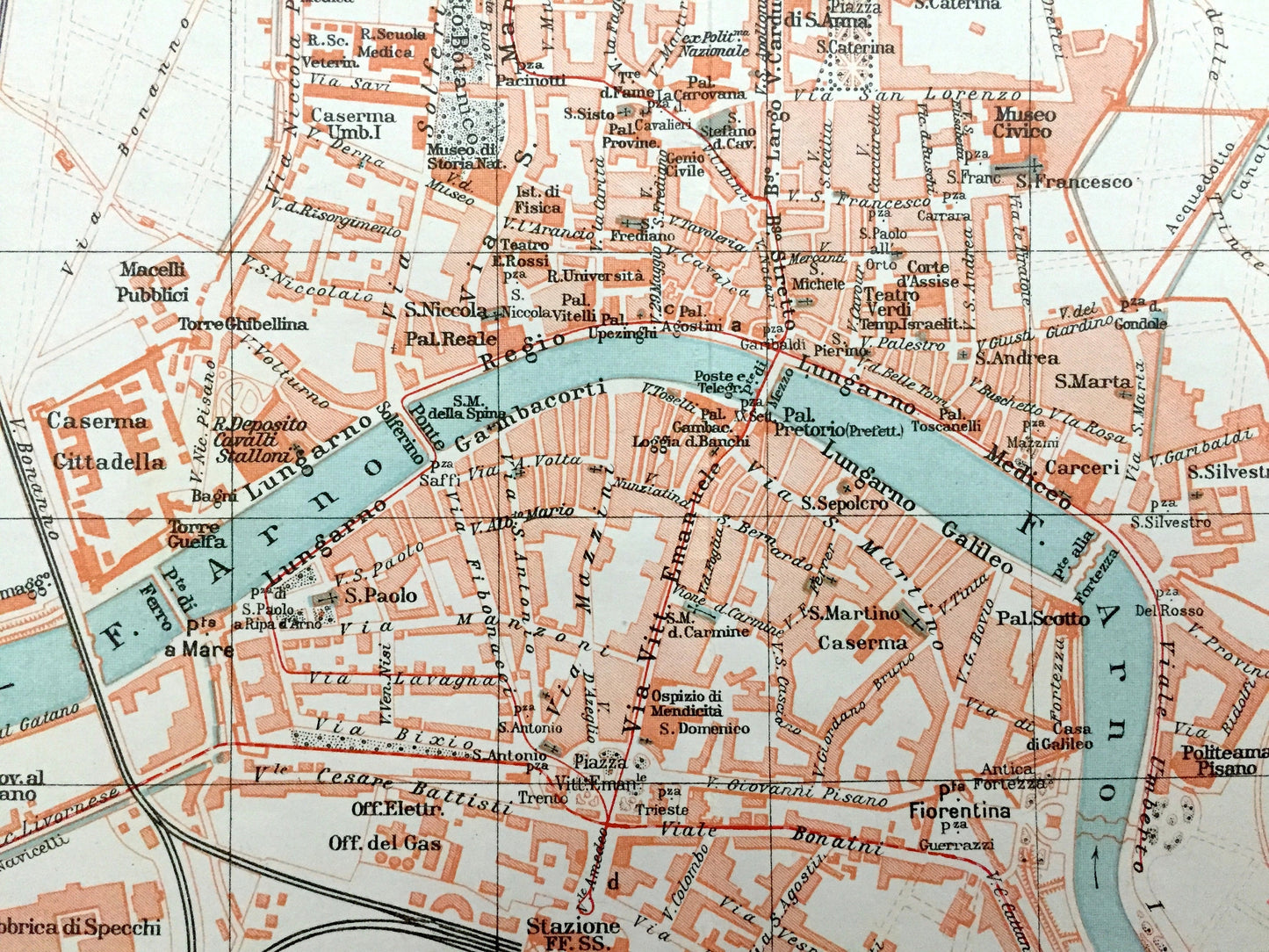 Antique 1937 Pisa, Italy Map from Muirhead's Blue Guides & Baedekers – Tuscany, Leaning Tower, Piazza dei Miracoli, Barbaricina, Santa Maria
