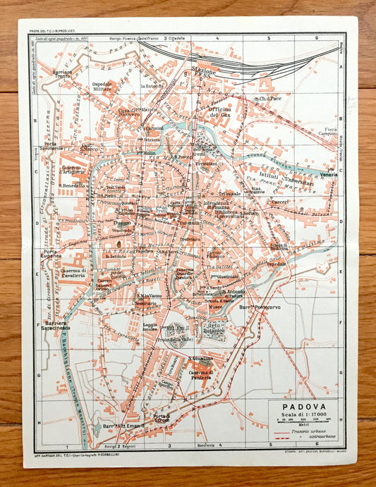 Antique 1937 Padua, Italy Map from Muirhead's Blue Guides & Baedekers – Padova, Veneto Region, Riviera Mussato, Scrovegni Chapel, Santa Rita