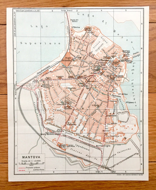 Antique 1937 Mantua, Italy Map from Muirs Blue Guide Baedekers Atlas – Mantova, Lombardy, Gonzaga, Palazzo Te, Ducal Palace, Lago di Mezzo