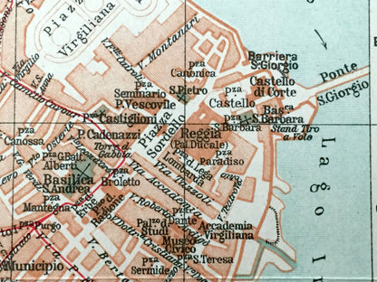 Antique 1937 Mantua, Italy Map from Muirs Blue Guide Baedekers Atlas – Mantova, Lombardy, Gonzaga, Palazzo Te, Ducal Palace, Lago di Mezzo