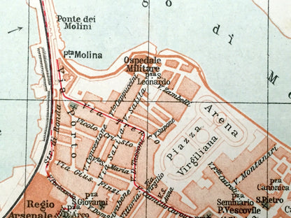 Antique 1937 Mantua, Italy Map from Muirs Blue Guide Baedekers Atlas – Mantova, Lombardy, Gonzaga, Palazzo Te, Ducal Palace, Lago di Mezzo