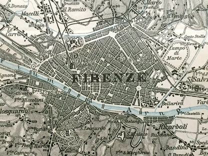Antique 1937 Florence, Italy Map from Muirhead's Blue Guides & Baedekers – Firenze, Tuscany, Arno, Ponte Vecchio, Uffizi, Fiesole, Sesto