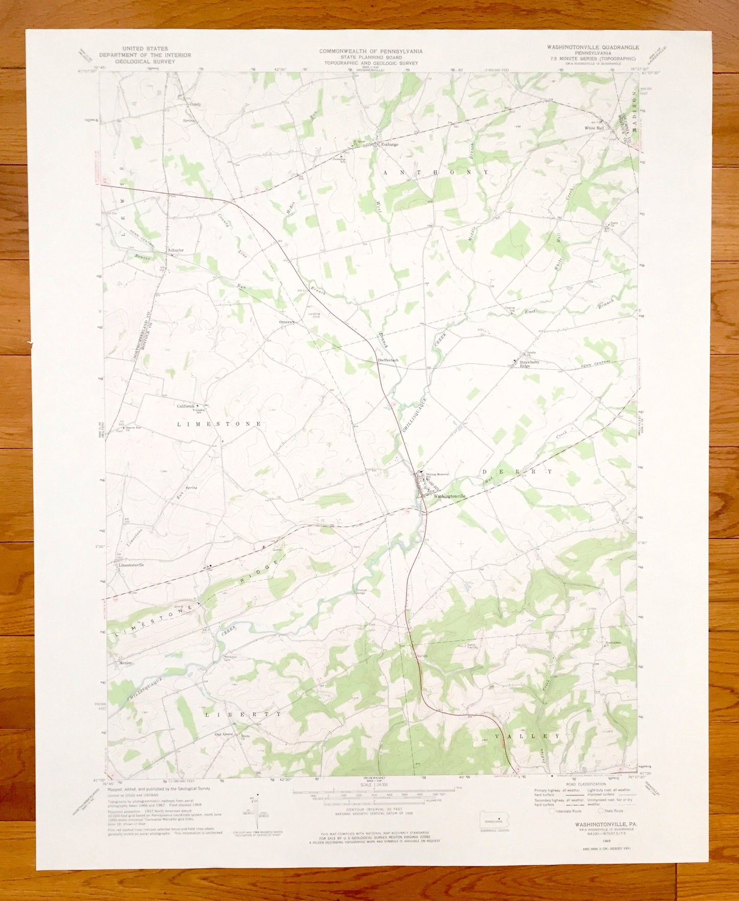 Antique Washingtonville, Pennsylvania 1969 US Geological Survey Topographic Map – Montour, Northumberland, Columbia County, Anthony, Derry