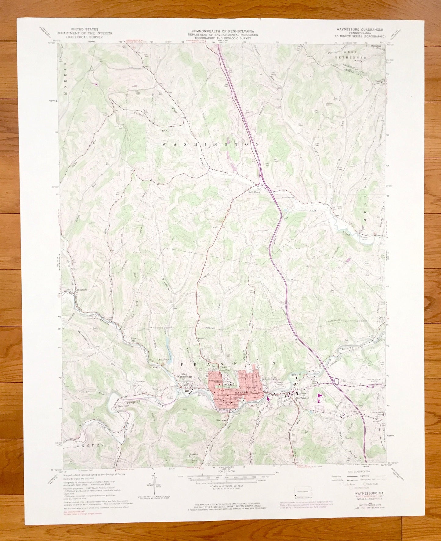 Antique Waynesburg, Pennsylvania 1961 US Geological Survey Topographic Map – Greene County, Washington County, Washington, Franklin, Center