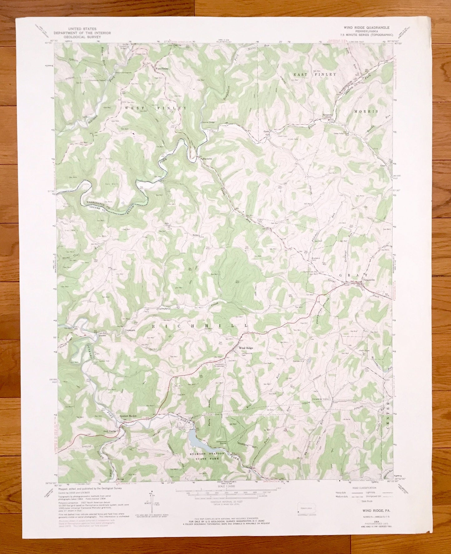 Antique Wind Ridge, Pennsylvania 1964 US Geological Survey Topographic Map – Greene County, Washington County, West Finley, Rich Hill, Gray