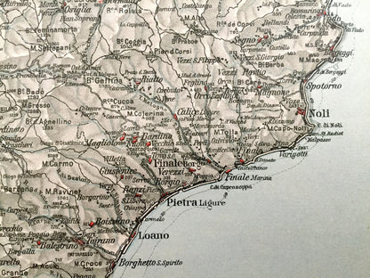 Antique 1937 Savona, Italy Map from Muirhead's Blue Guides & Baedekers – Liguria, Albenga, Noli, Loana, Finale, Calizzano, Spotorno