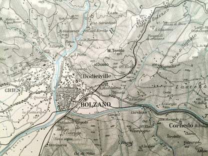 Antique 1937 Bolzano, Italy Map from Muirhead's Blue Guides & Baedekers – South Tyrol, Gries, Dodieiville, Cornedo, Vanga, Bozen, Quirino