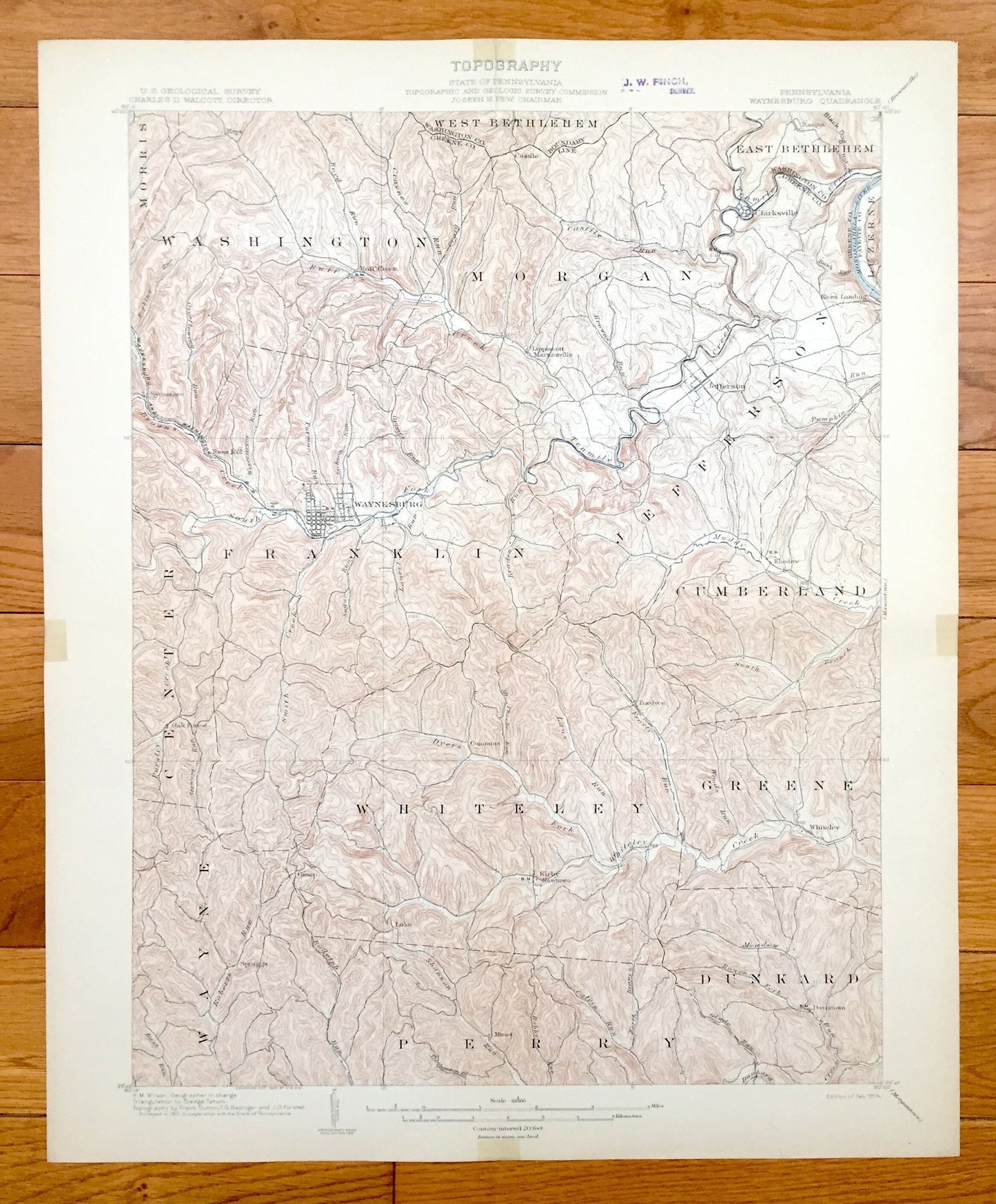 Antique Waynesburg, Pennsylvania 1904 US Geological Survey Topographic Map – Greene County, Morris, Luzerne, Dunkard, Clarksville, Jefferson