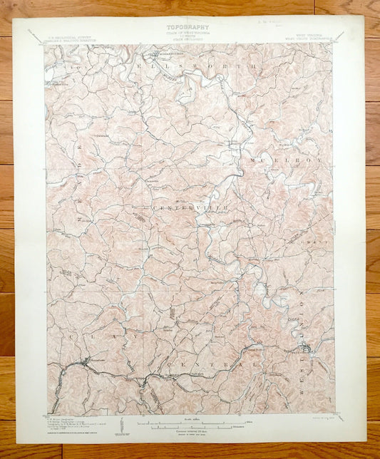 Antique West Union, West Virginia 1905 US Geological Survey Topographic Map – Doddridge County, McElroy, Clay, Grant, Centerville, Greenwood