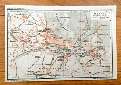 Antique 1937 Merano, Italy Map from Muirhead's Blue Guides & Baedekers – South Tyrol, Alps, Trauttmansdorff Castle, Sissi's Path, Ifinger