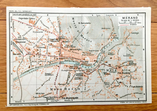 Antique 1937 Merano, Italy Map from Muirhead's Blue Guides & Baedekers – South Tyrol, Alps, Trauttmansdorff Castle, Sissi's Path, Ifinger