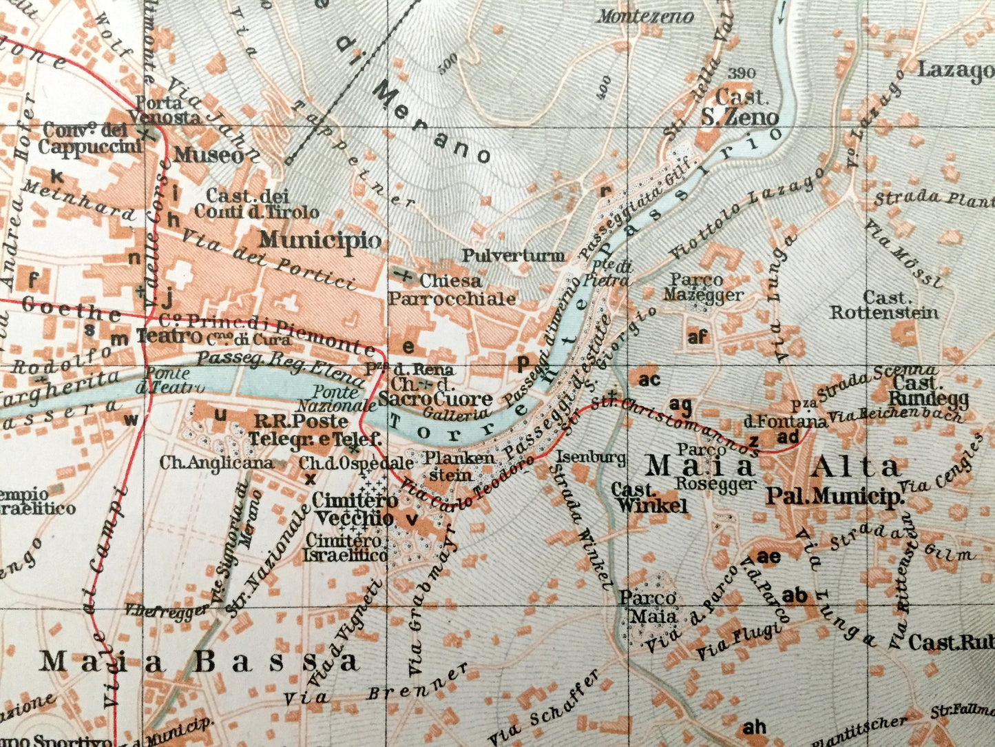 Antique 1937 Merano, Italy Map from Muirhead's Blue Guides & Baedekers – South Tyrol, Alps, Trauttmansdorff Castle, Sissi's Path, Ifinger