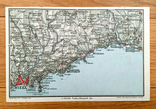 Antique 1937 Nice, France Map from Muirhead's Blue Guides & Baedekers – Monaco, Nizza, Bordighera, Italy, Imperai, French Riviera