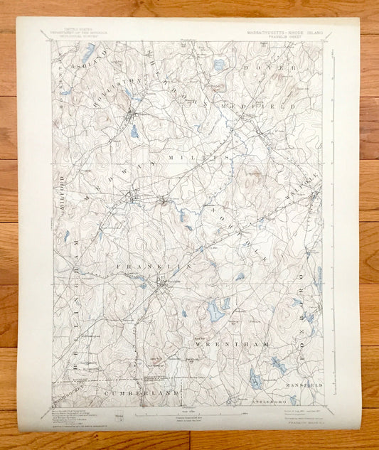 Antique  Franklin, Massachusetts 1893 US Geological Survey Topographic Map – Foxborough, Wrentham, Medfield, Hopkinton, Ashland, Walpole, MA