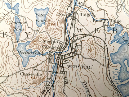 Antique Webster, Massachusetts 1892 US Geological Survey Topographic Map – Charlton, Oxford, Auburn, Millbury, Sutton, Dudley, Spencer, MA