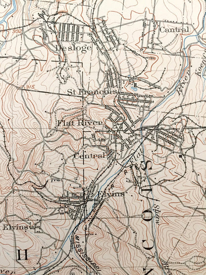 Antique Bonneterre, Missouri 1905 US Geological Survey Topographic Map – Washington, St Francois County, Desloge, Flat River, Central, MO