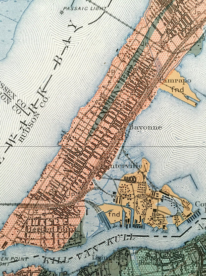 Antique Staten Island, New York City 1901 US Geological Survey Topographic Map – Manhattan, Brooklyn, Newark, Bayonne, Elizabeth, New Jersey