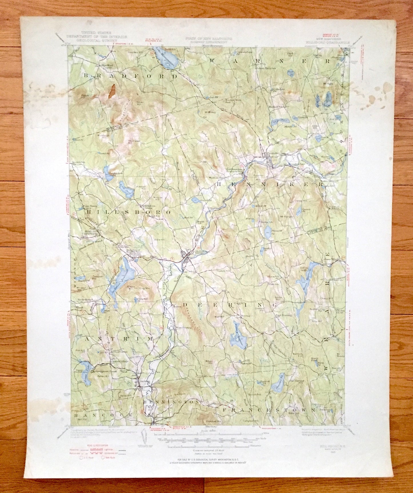 Antique Hillsboro, New Hampshire 1926 US Geological Survey Topographic Map – Merrimack County, Bradford, Warner, Henniker, Deering, Weare NH