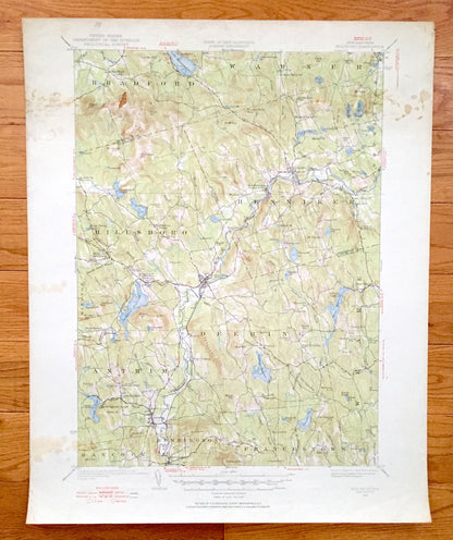 Antique Hillsboro, New Hampshire 1926 US Geological Survey Topographic Map – Merrimack County, Bradford, Warner, Henniker, Deering, Weare NH