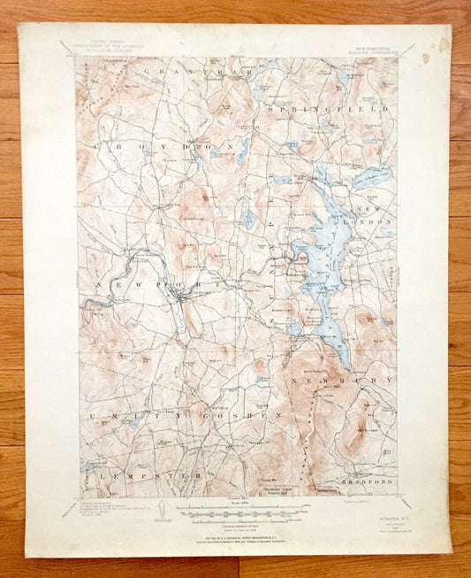 Antique Lake Sunapee, New Hampshire 1905 US Geological Survey Topographic Map – Newport, Newbury, Goshen, New London, Cornish, Croydon, NH