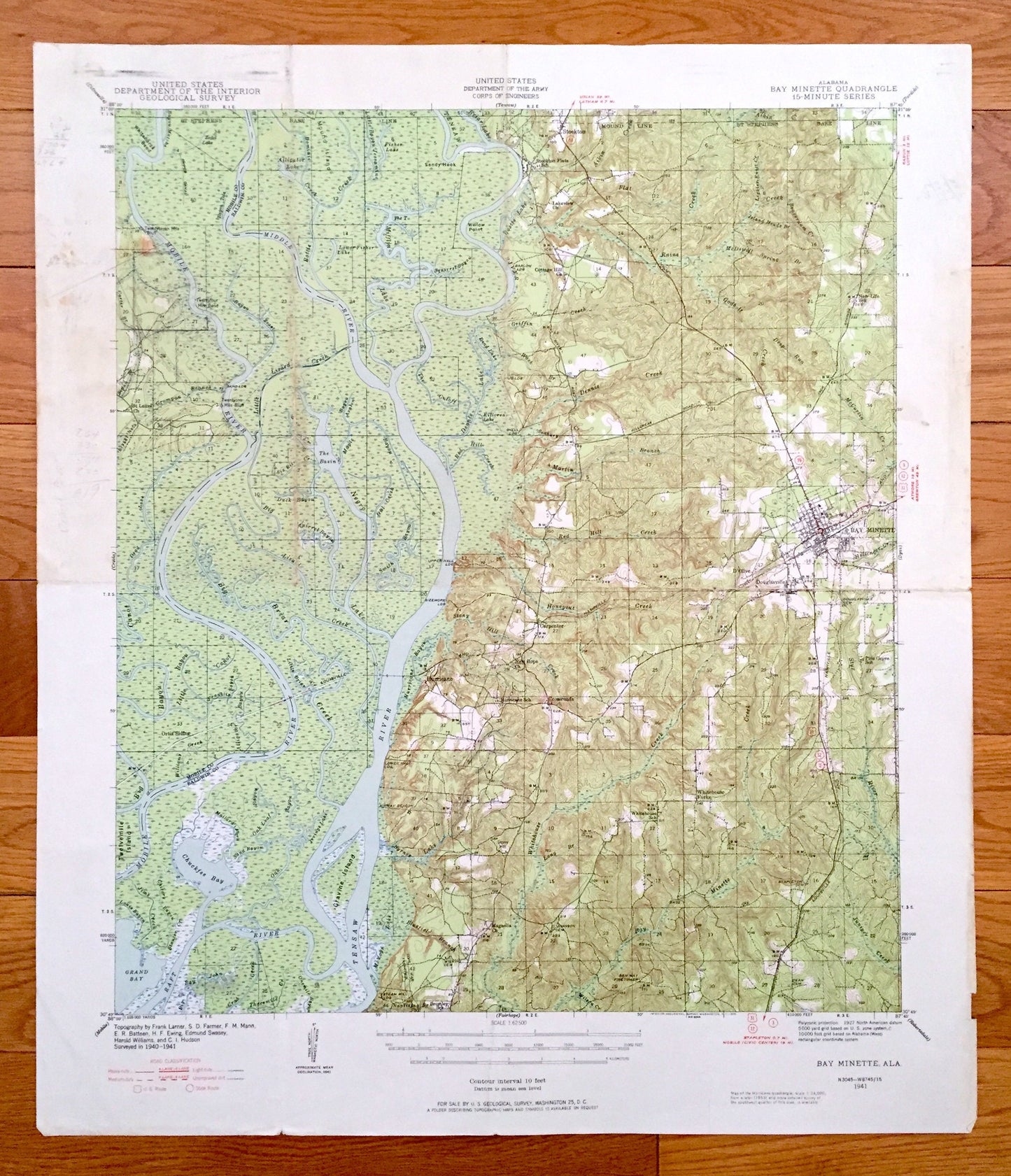 Antique Bay Minette, Alabama 1941 US Geological Survey Topographic Map – Baldwin County, Hurricane, Carpenter, Douglasville, Stockton, AL
