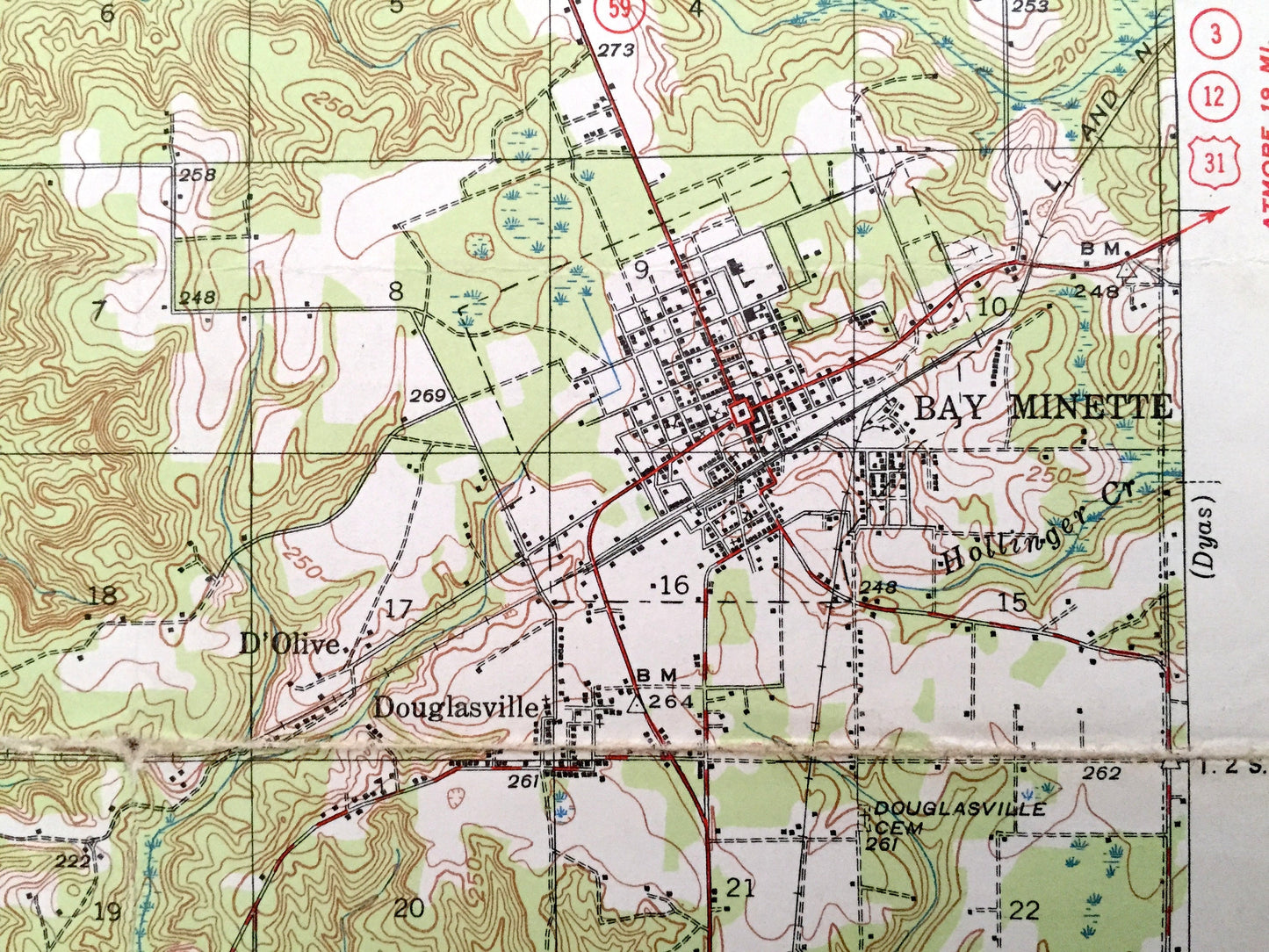 Antique Bay Minette, Alabama 1941 US Geological Survey Topographic Map – Baldwin County, Hurricane, Carpenter, Douglasville, Stockton, AL