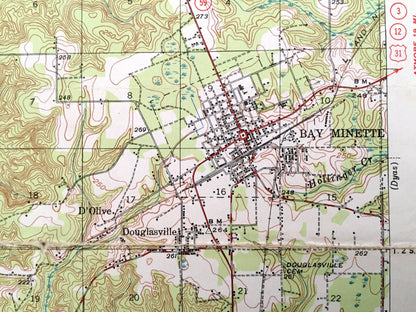 Antique Bay Minette, Alabama 1941 US Geological Survey Topographic Map – Baldwin County, Hurricane, Carpenter, Douglasville, Stockton, AL
