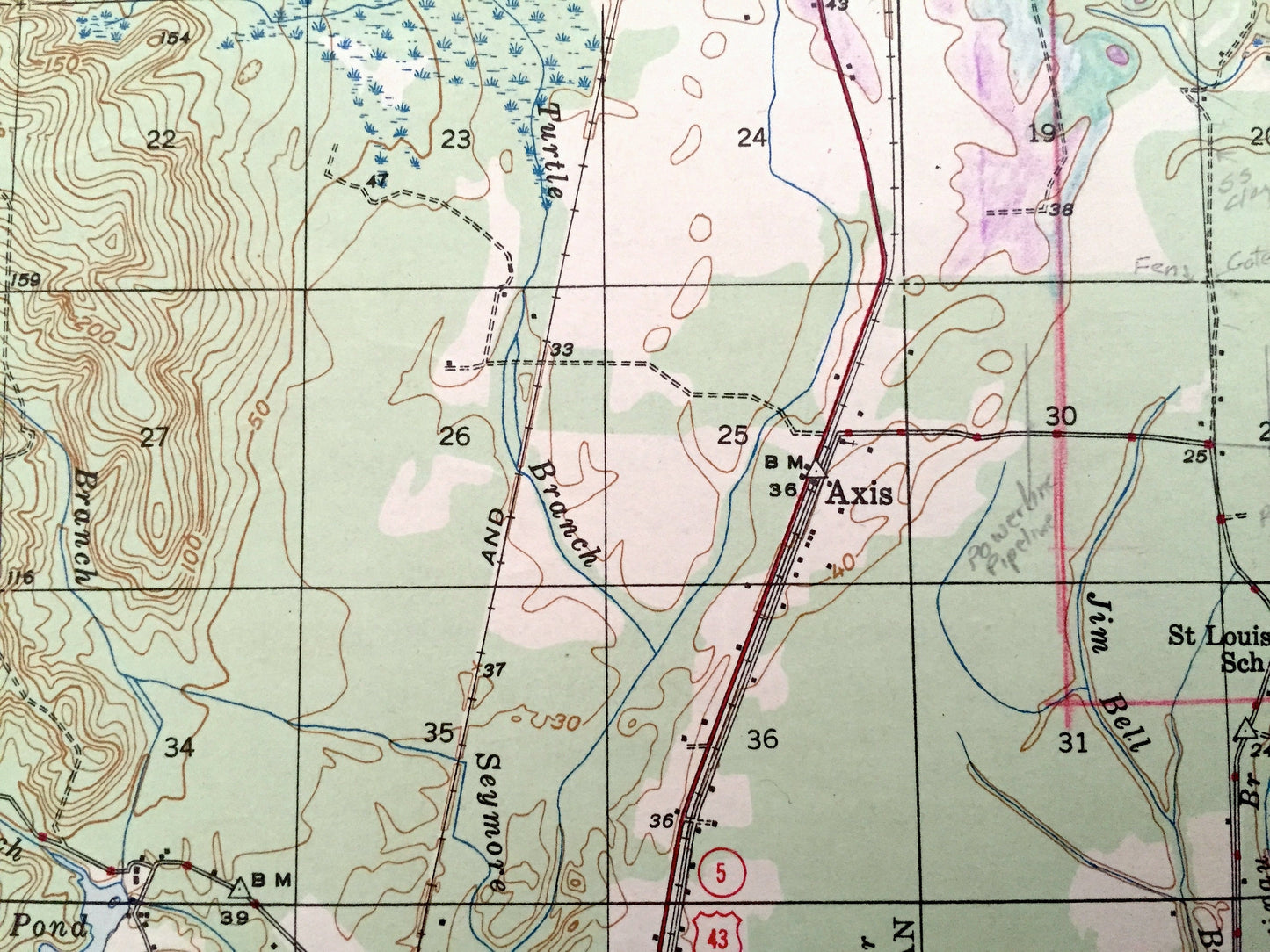 Antique Creola, Alabama 1943 US Geological Survey Topographic Map – Mobile County, Salco, Axis, Hatters, Saraland, Whistler, Smithtown, Akka