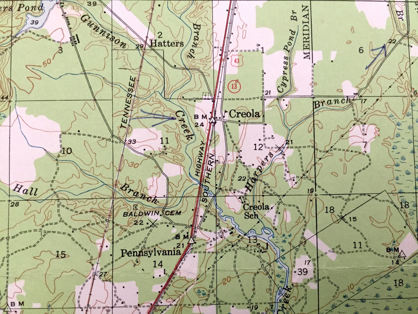 Antique Creola, Alabama 1941 US Geological Survey Topographic Map – Mobile County, Salco, Axis, Hatters, Saraland, Whistler, Smithtown, Akka