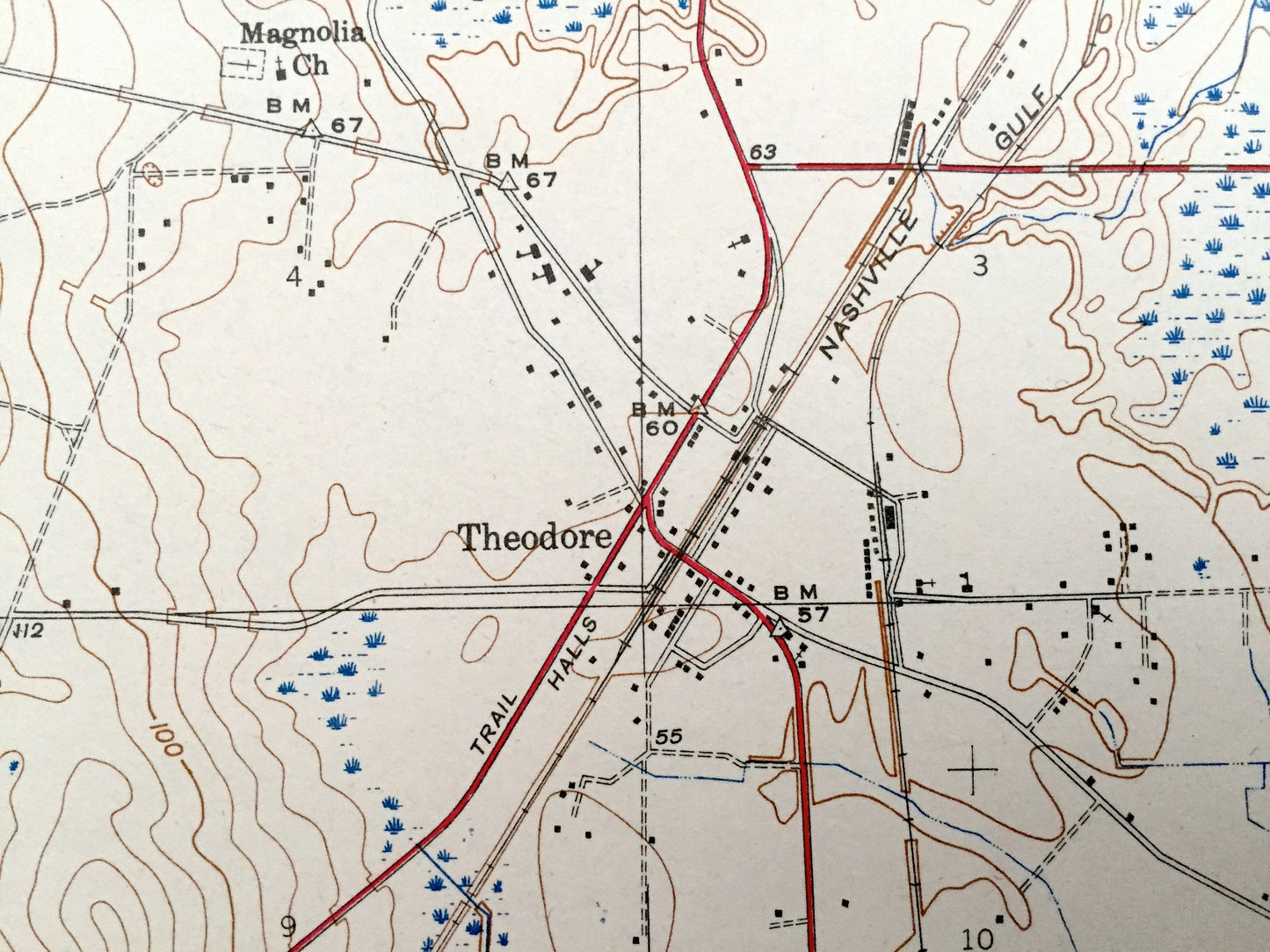 Antique Theodore, Alabama 1943 US Geological Survey Topographic Map– Mobile County, Lloyds, Mann, Three Notches, Irvington, Halls Mill Creek