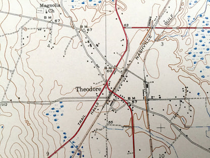 Antique Theodore, Alabama 1943 US Geological Survey Topographic Map– Mobile County, Lloyds, Mann, Three Notches, Irvington, Halls Mill Creek